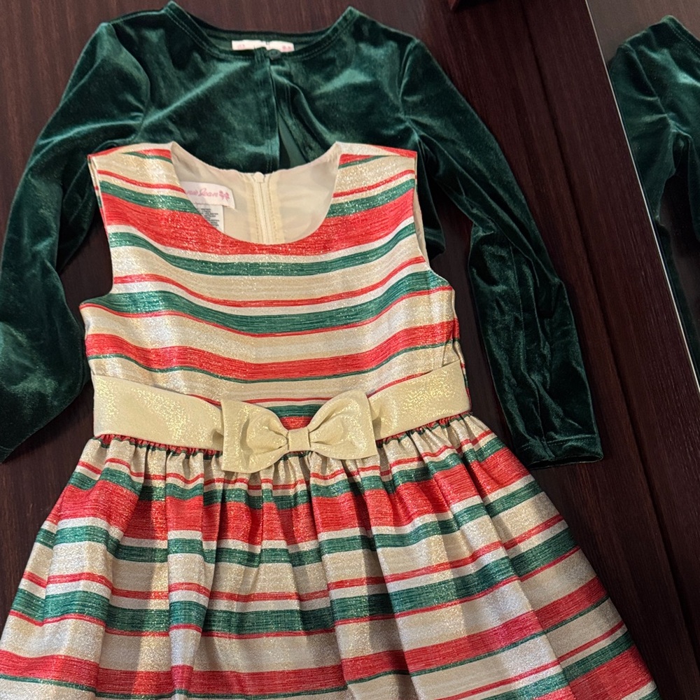 Festive Striped Red, Green, and Gold Dress with Green Velvet Bolero size 5t